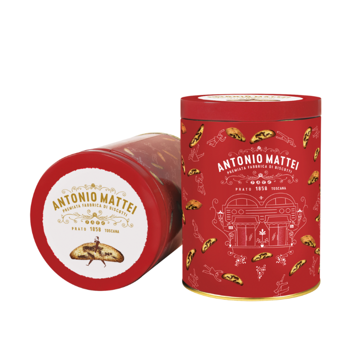 Antonio Mattei La Rossa Tin with Chocolate Cantuccini di Prato 125g | Il Fattore